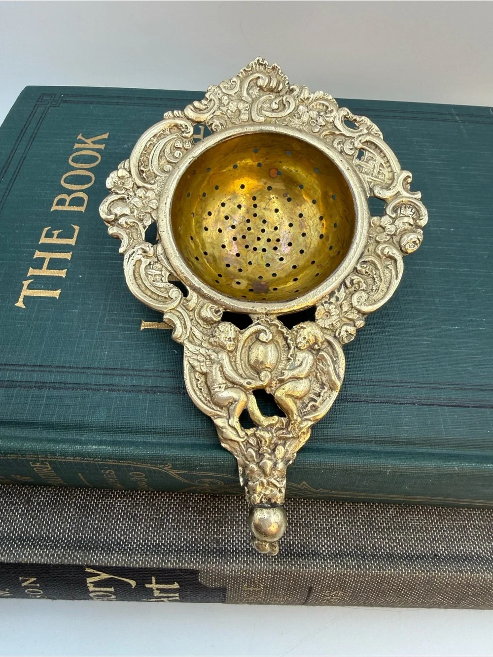 Antique Metal Tea Stainer Ornate Design with Cherubs